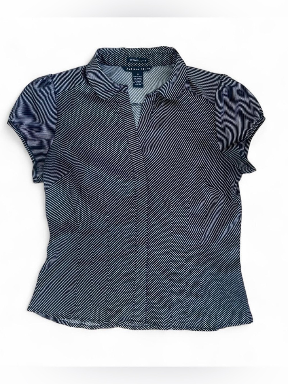 Y2K Black and White Diagonal Pinstripe Short-Sleeve Button Down Top